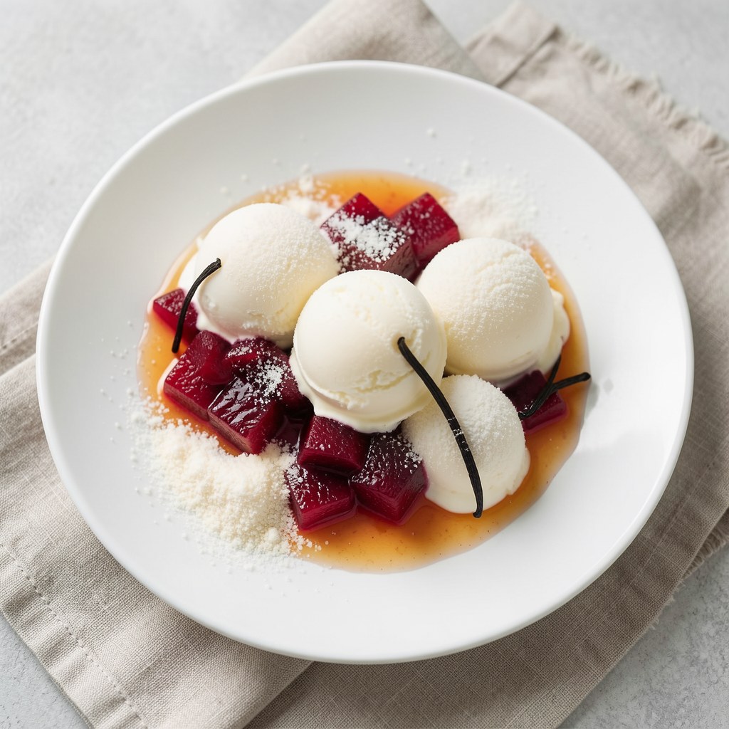 Rabarbarowy przysmak z lodami waniliowymi