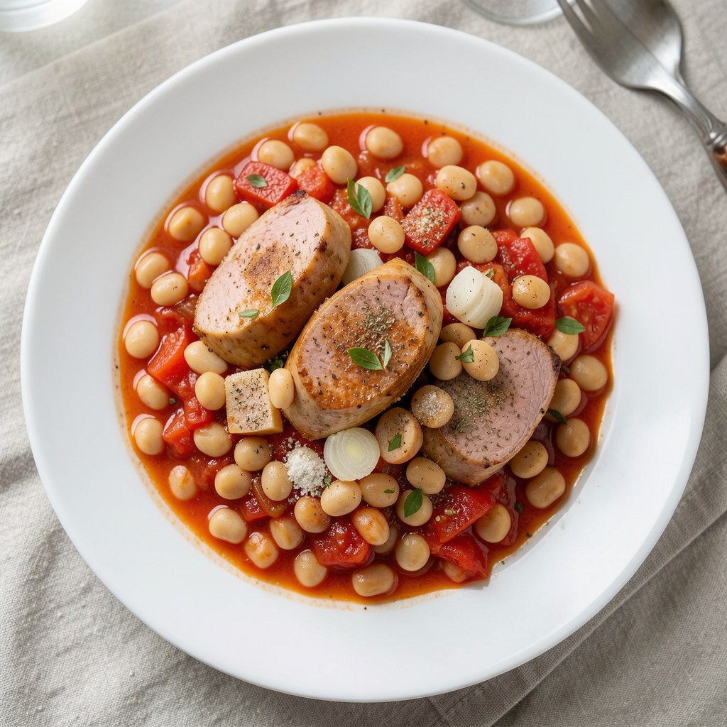 fasola z boczkiem w sosie pomidorowym