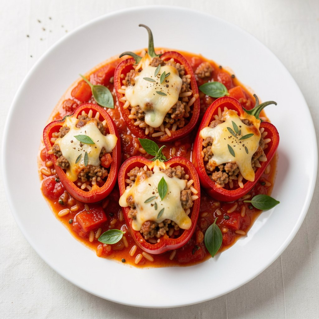 Papryka faszerowana ryżem i mięsem mielonym zapiekana w sosie pomidorowym