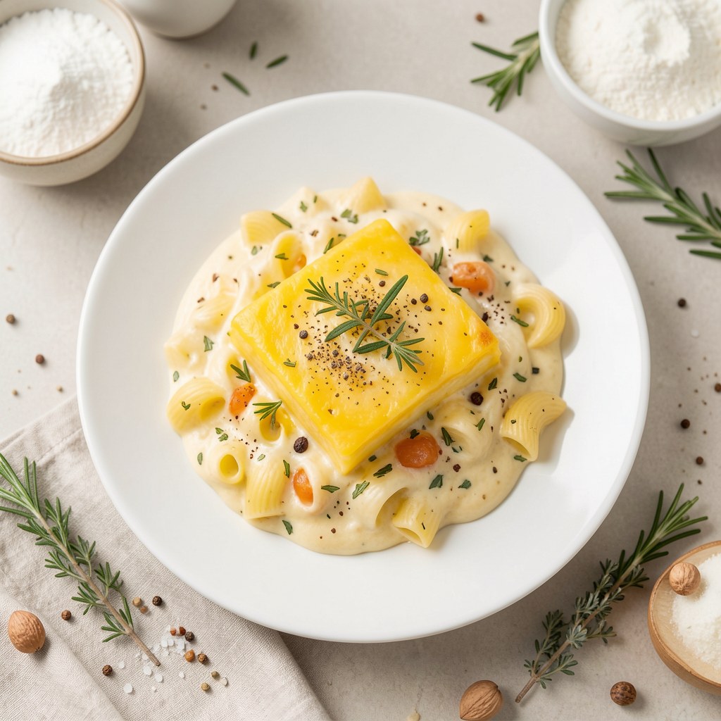 Sos beszamelowy z żółtym serem i ziołami