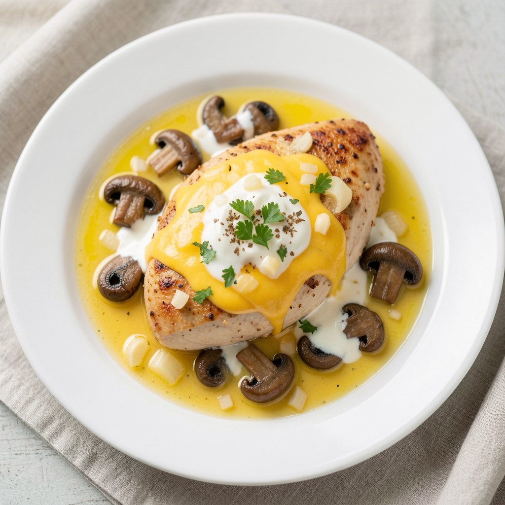 Kurza pierś z pieczarkami i żółtym serem