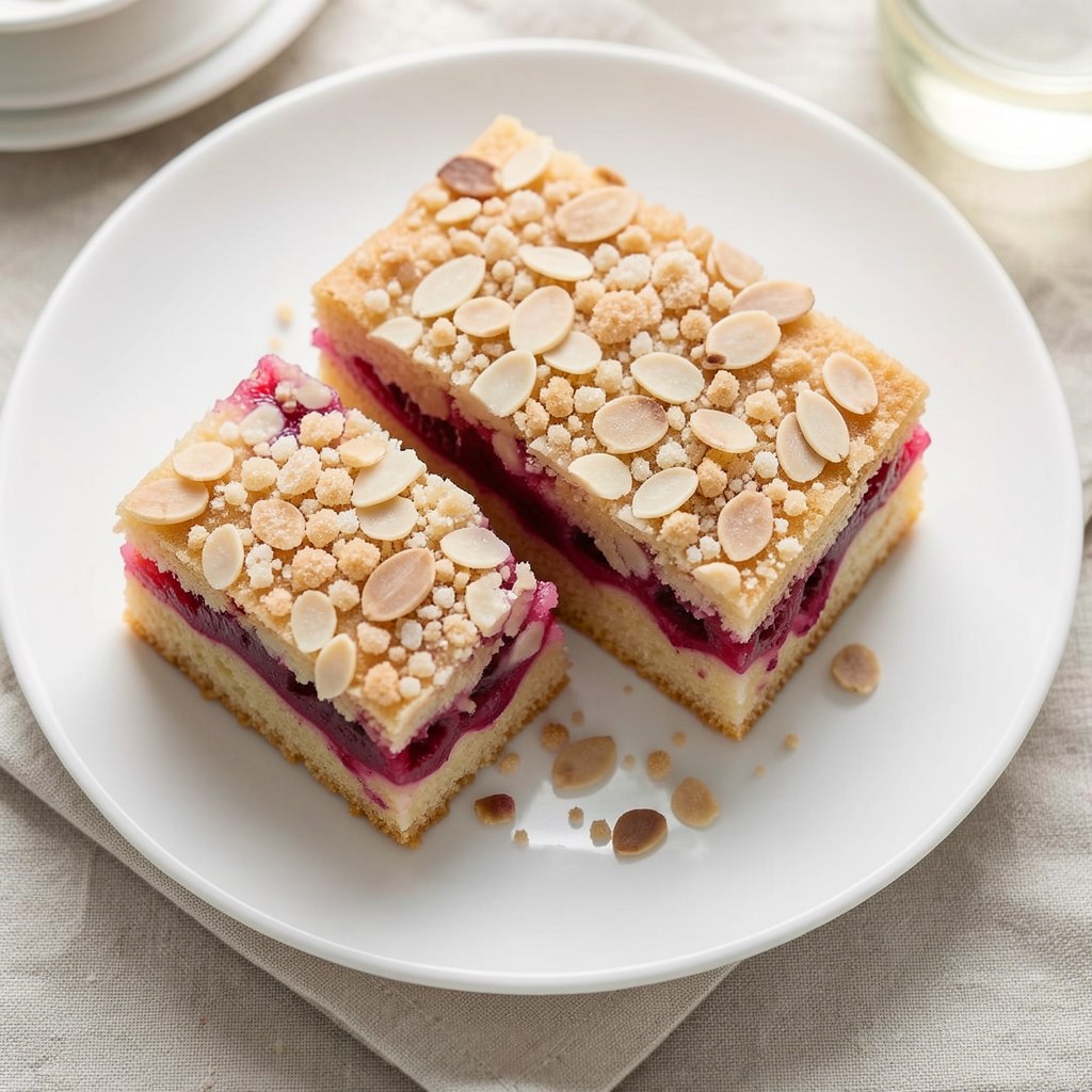 Kruche migdałowe ciasto z rabarbarem i kruszonką