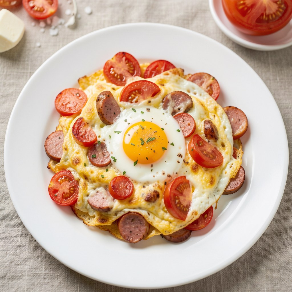 Jajecznica z kiełbaską i pomidorami