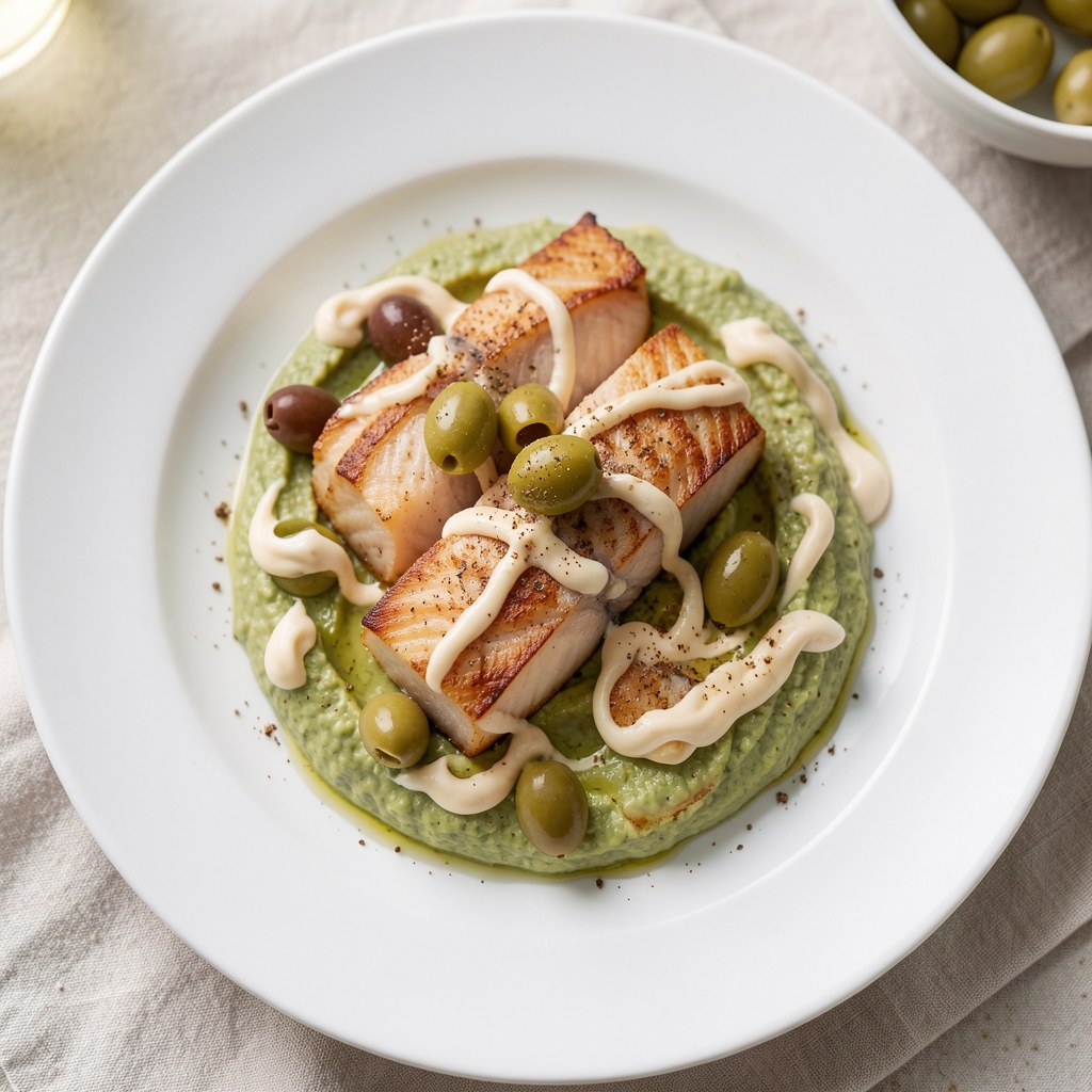 Ryba wędzona z zielonym dipem i oliwkami