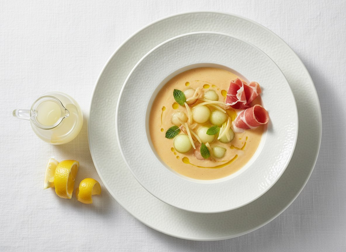 Chłodnik z melona gallo z marynowanym imbirem i szynką parmeńską