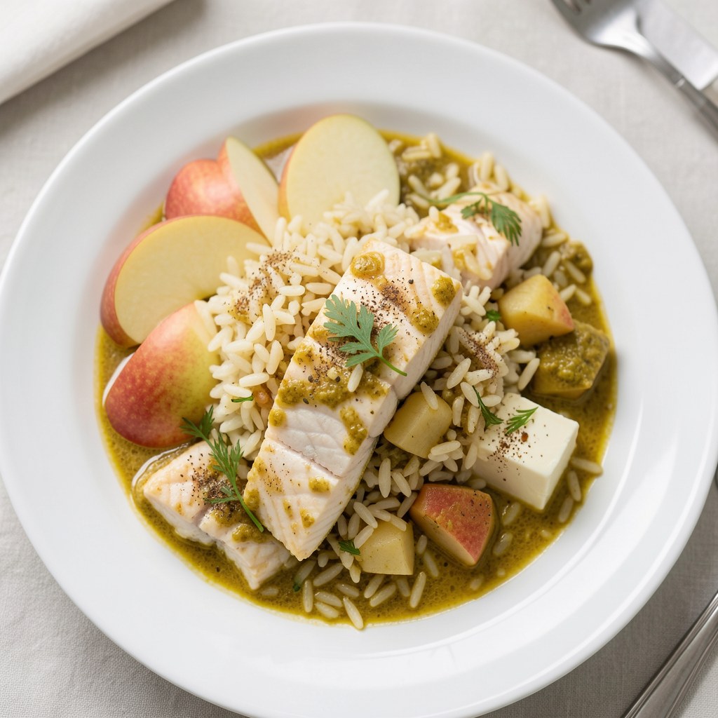 Łosoś w kawałkach z ryżem i curry