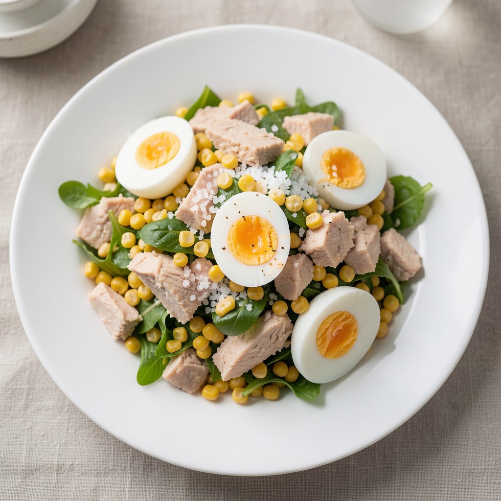 Sałatka z tuńczyka z jajkami i kukurydzą