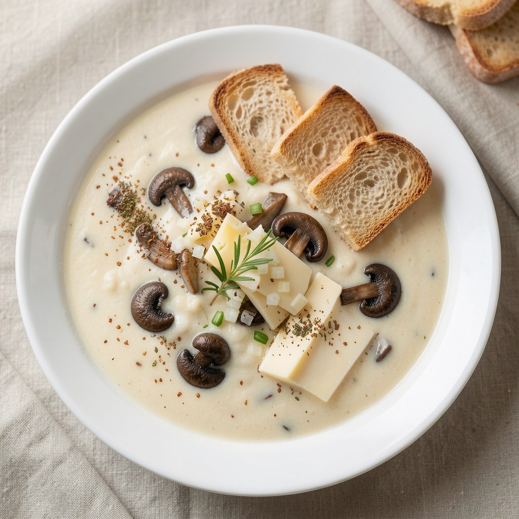 Zupa serowa z grzankami i pieczarkami