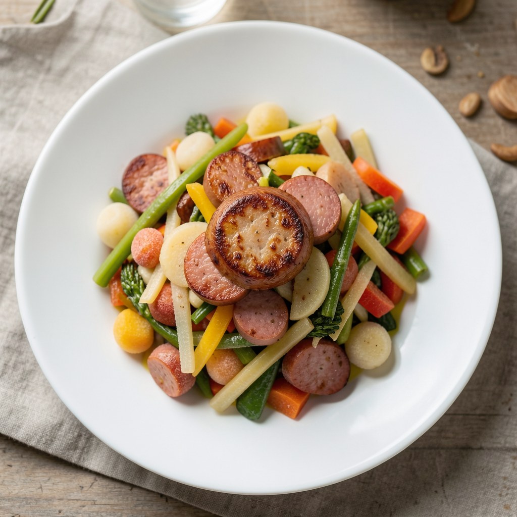Kiełbasa smażona z warzywami