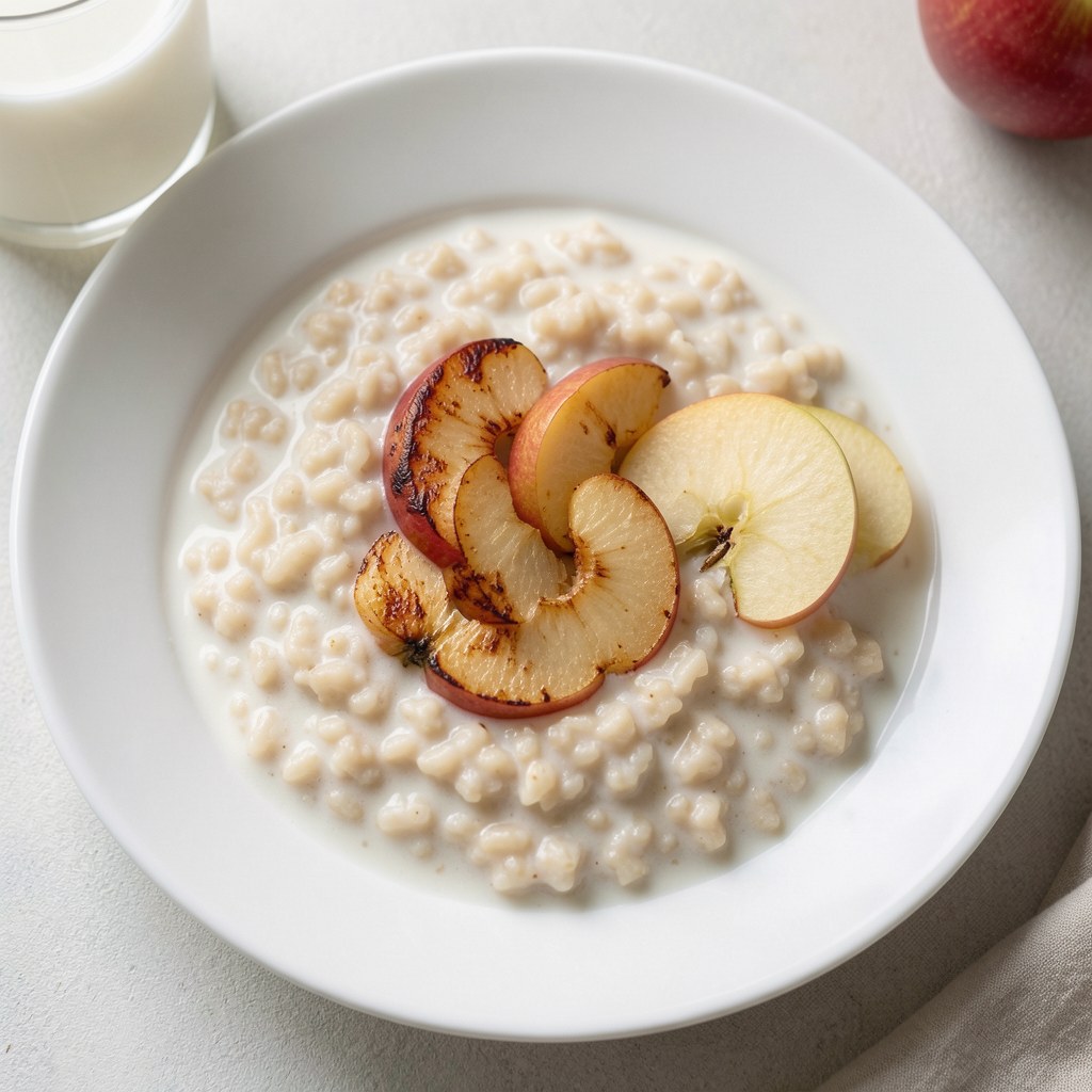 Kasza jaglana gotowana na mleku z smażonymi jabłkami